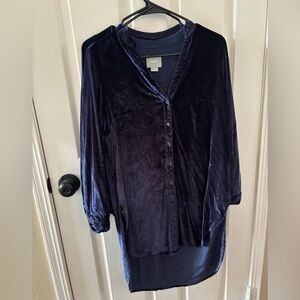 Velvet Button-Up Top in Deep Blue Maeve Anthropologie small long cut